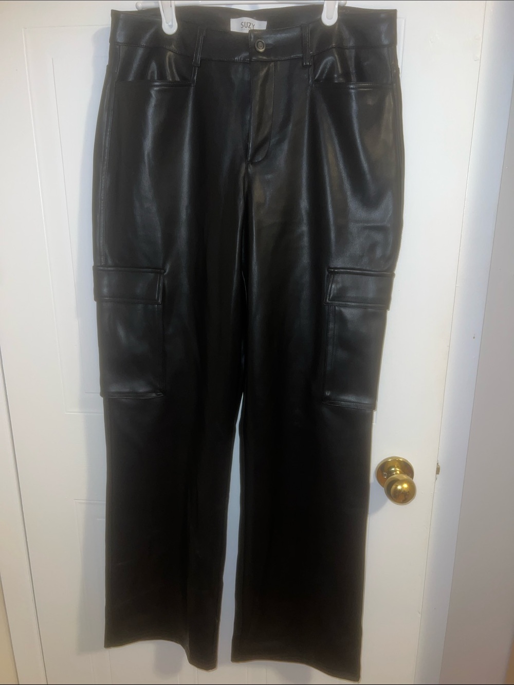 Black Faux Leather Cargo Pants for Women